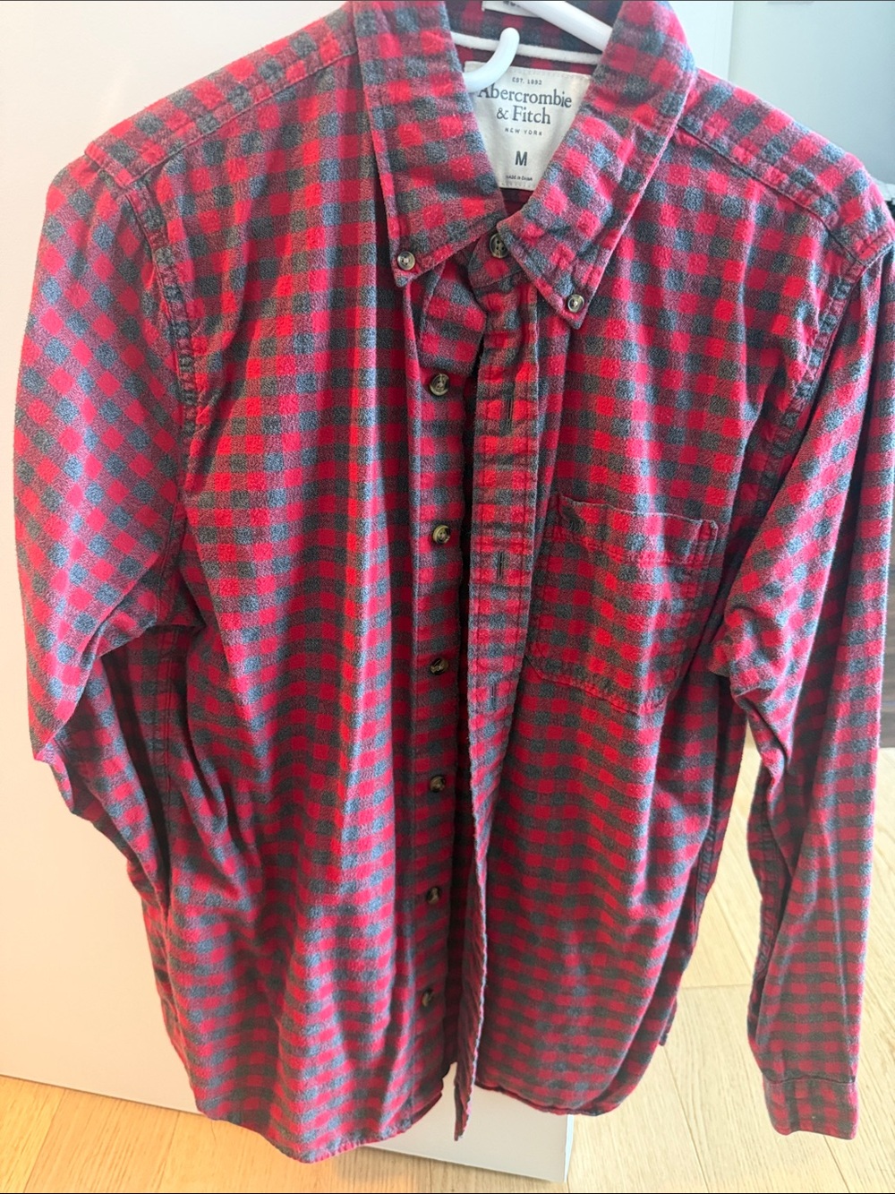 Abercrombie & Fitch Red and Gray Plaid Long-Sleeve Button-Down Shirt
